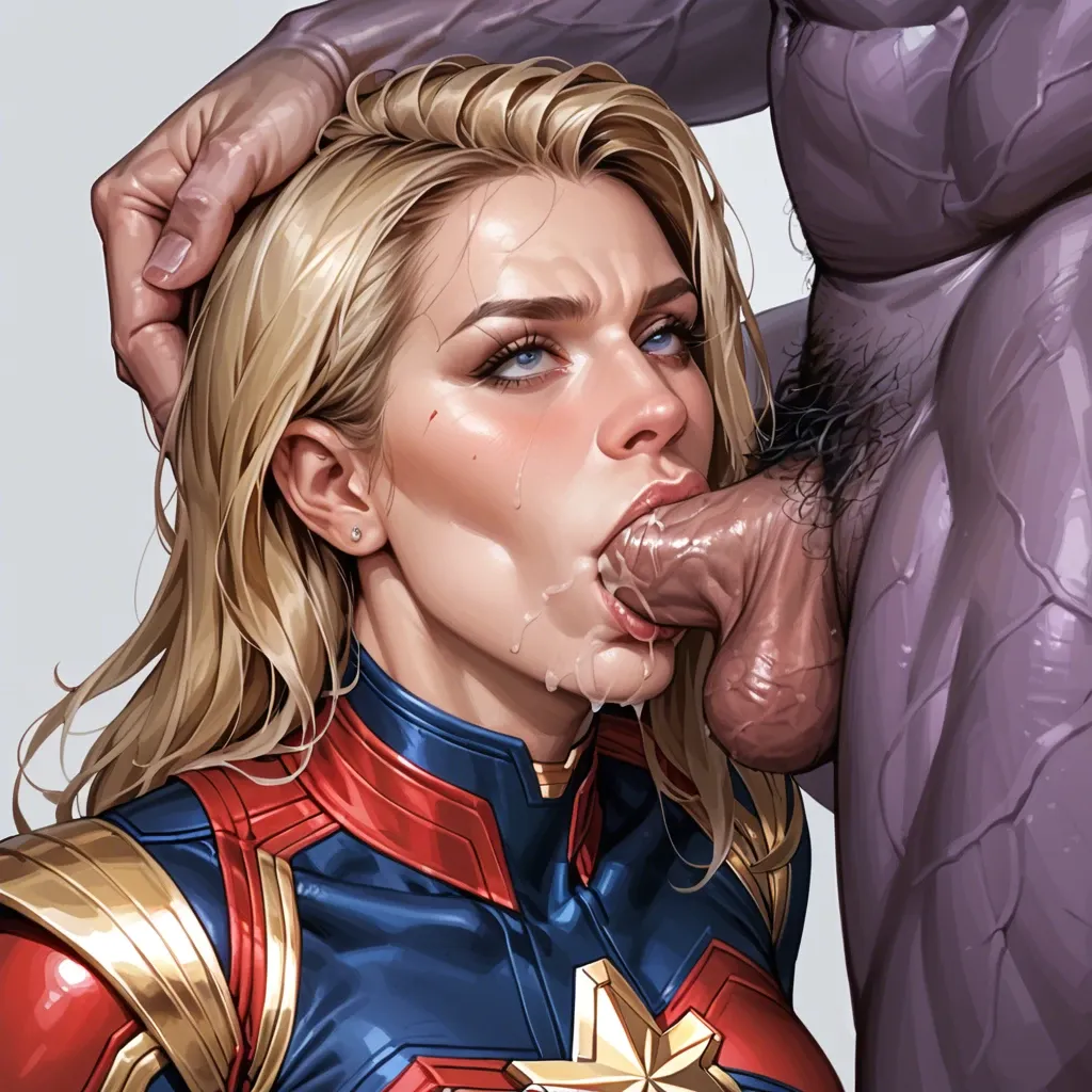 Hooker Captain Marvel, Kneeling and sucks Thanos's Dick, Forcibly Throat fucking, Top shot, Portrait, Eye Contact, Dick Slave, Real.