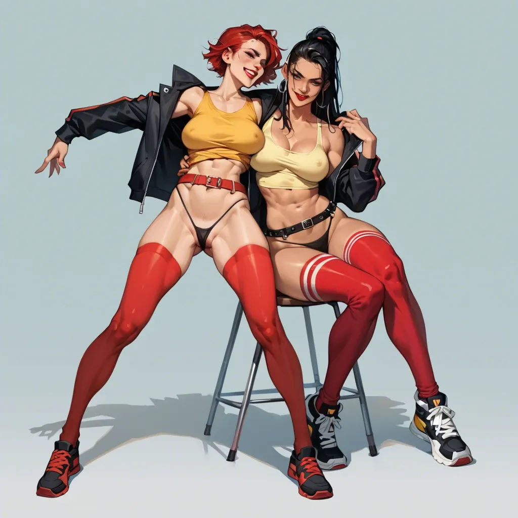 2girl, , , , red lipstick,warm smile,perky breasts,turn back,deep skin, yellow tank top,baggy socks,hand on panties,string bodysuit,black sneakers, jacket,red stockings,suspender belt,black thong,stiletto heels, showering, medieval theme, sitting on desk, throne room, johanna