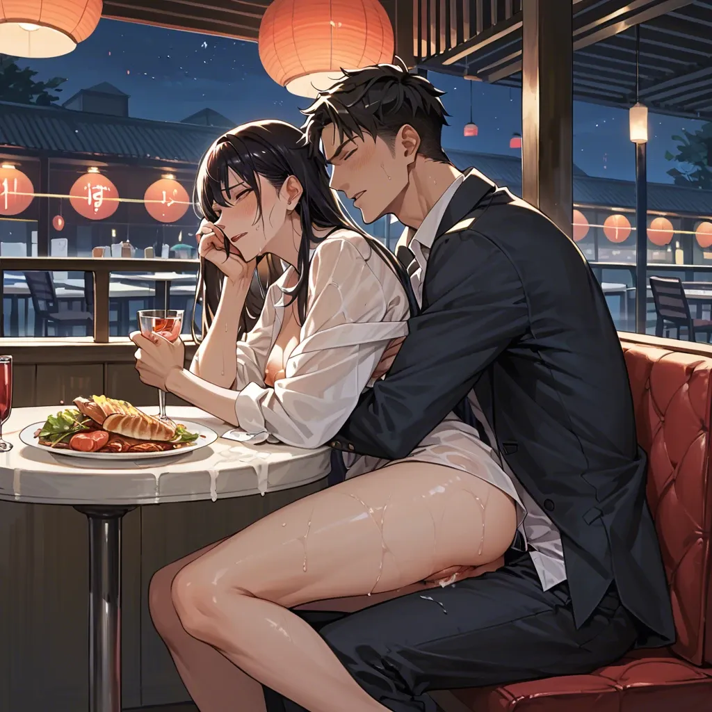 1boy, 1girl, Anime, restaurant, dinner, wet pussy, night, hugging