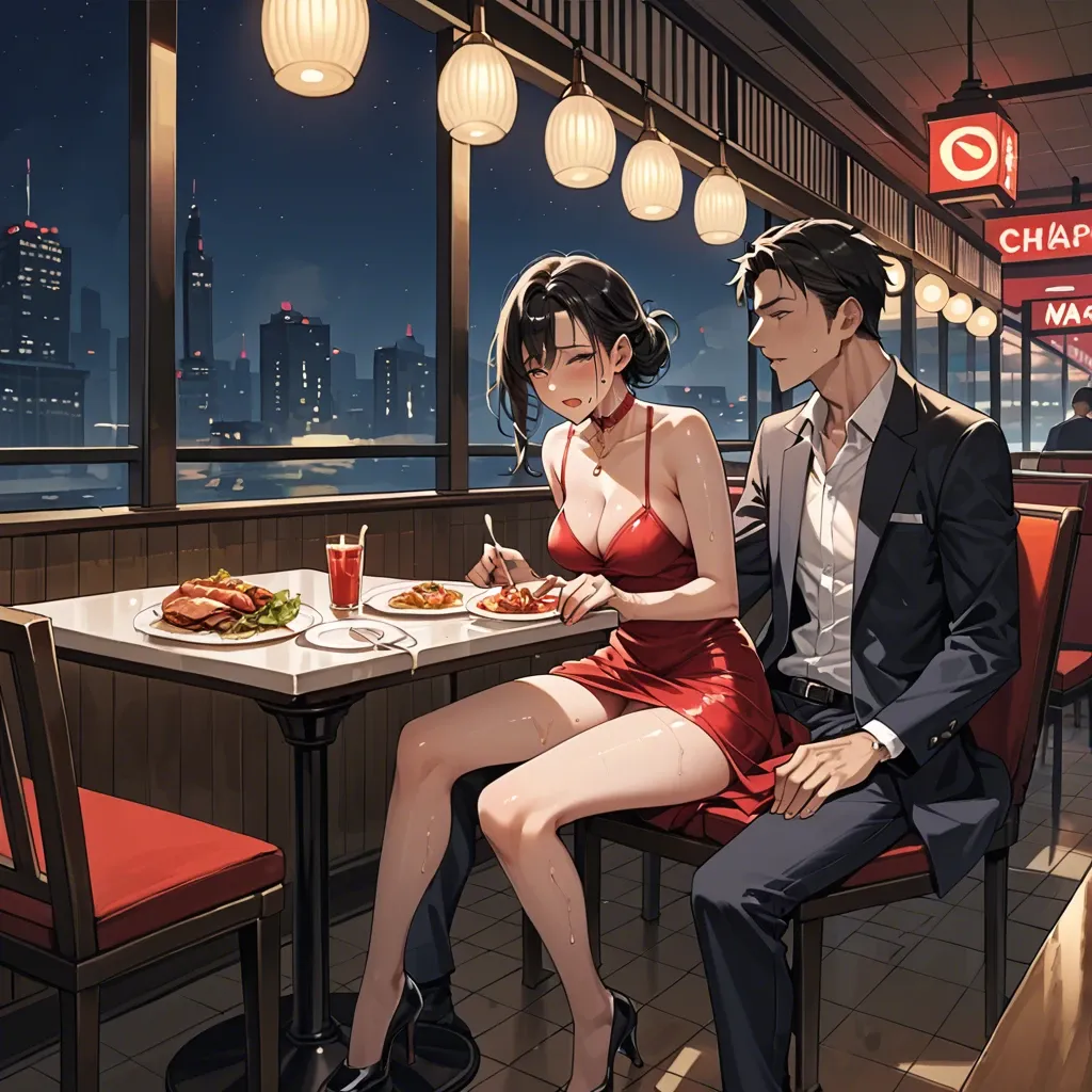 1boy, 1girl, Anime, restaurant, dinner, wet pussy, night.