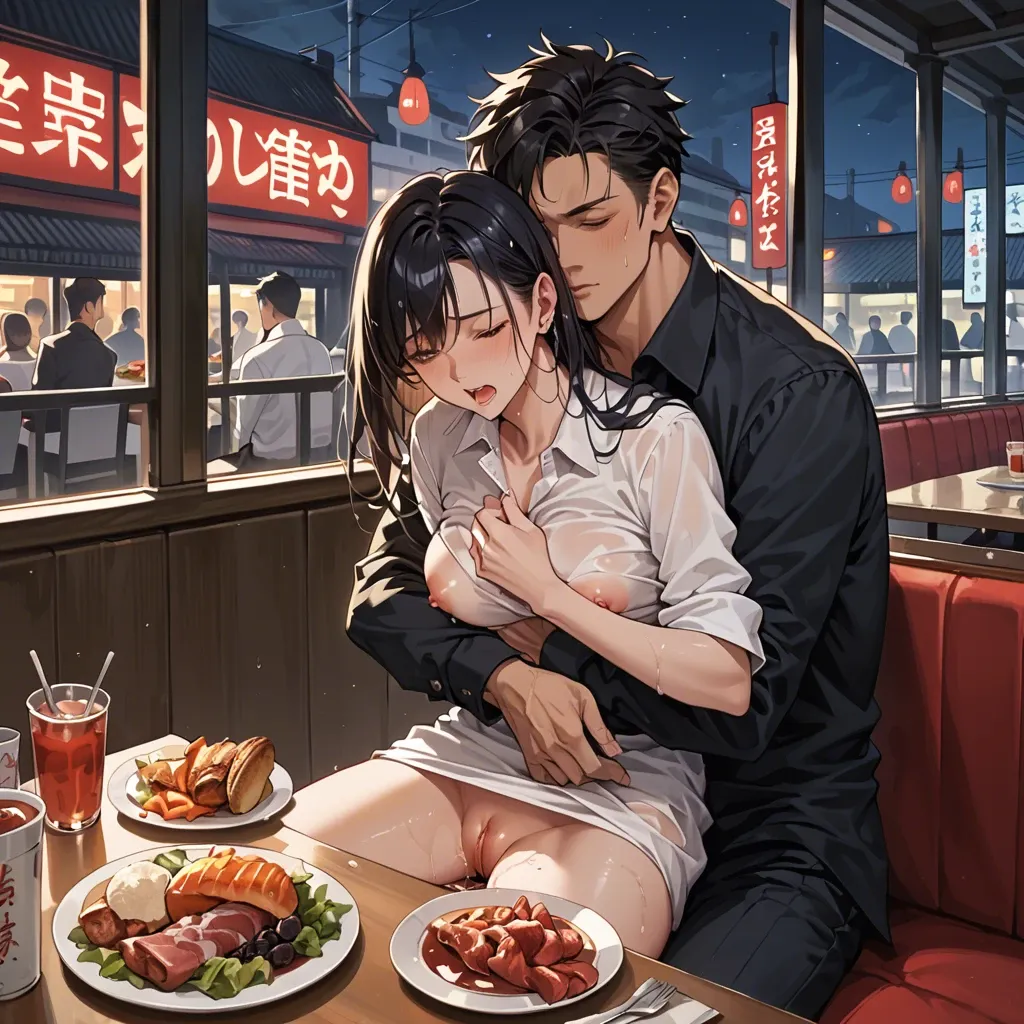 1boy, 1girl, Anime, restaurant, dinner, wet pussy, night, hugging