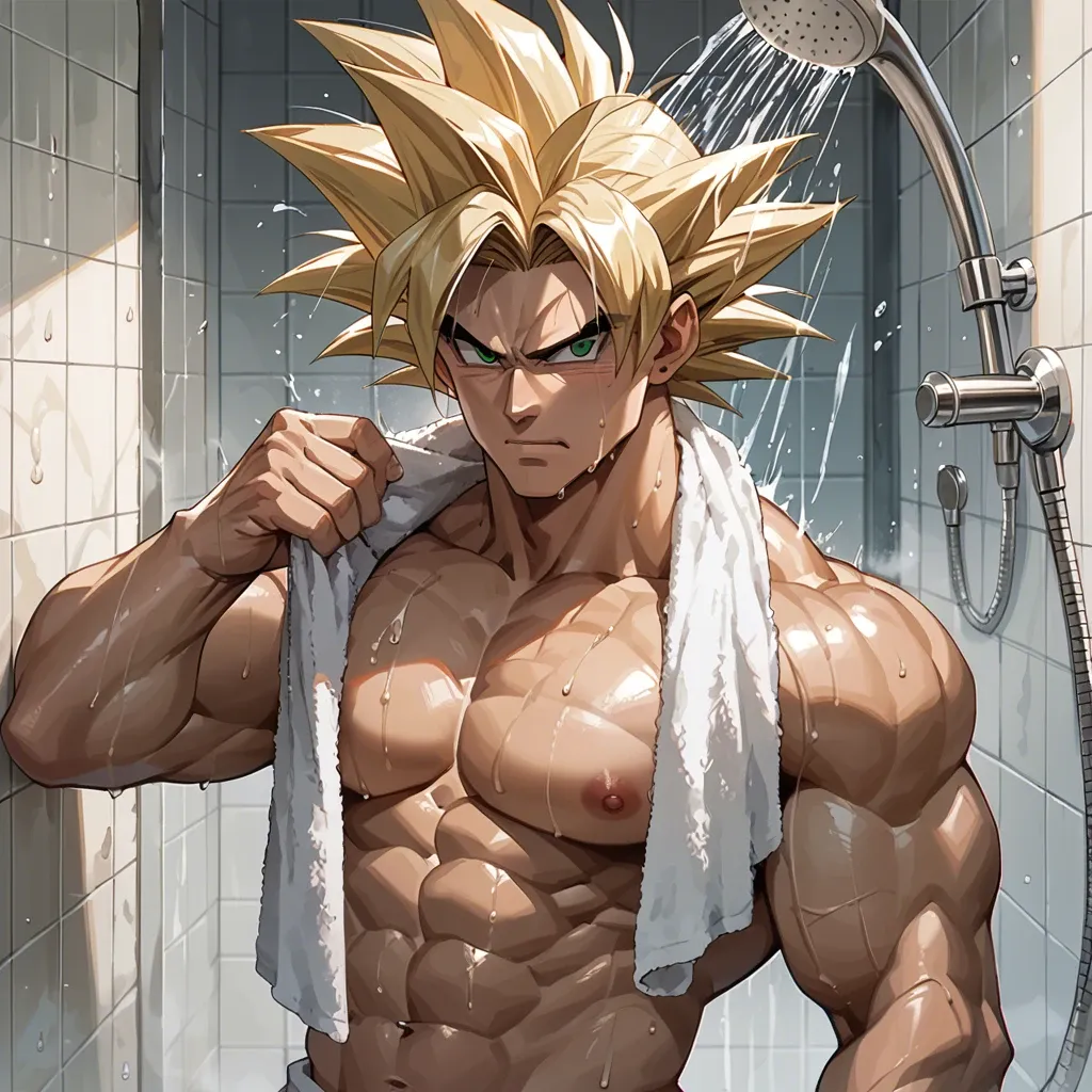 male goku coming out of the shower with a towel on and has super saiyan straight blonde hair and green eyes