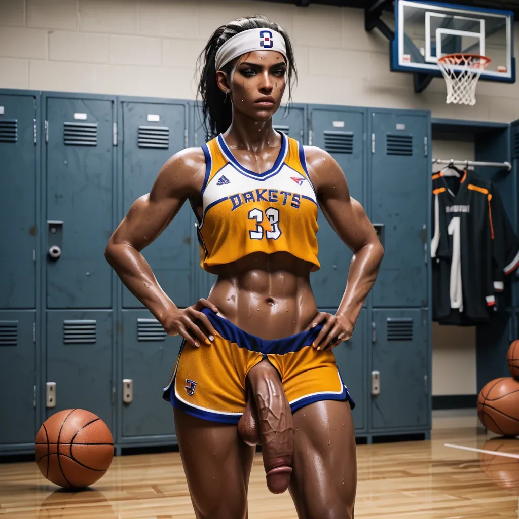 1futa, 3d,tall,big cock, basketball, sweating , Senegalese, darkest skin, muscular, ponytail, basketball outfit, flat chest, headband,locker room,