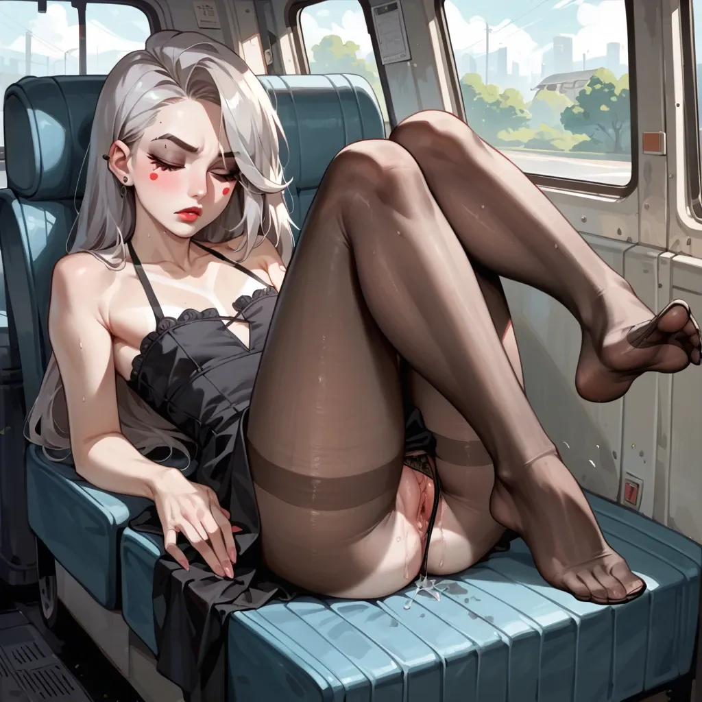 dress,closed eye,Woman Juice,foot,flat chest,1girl,character Loona,Hazbin hotel,masterpiece,pantyhose,bus,plump pussy,transparent panties, pantyhose,big thick eyebrows,full lips,tan line,straight bangs,blonde long hair,wet pussy