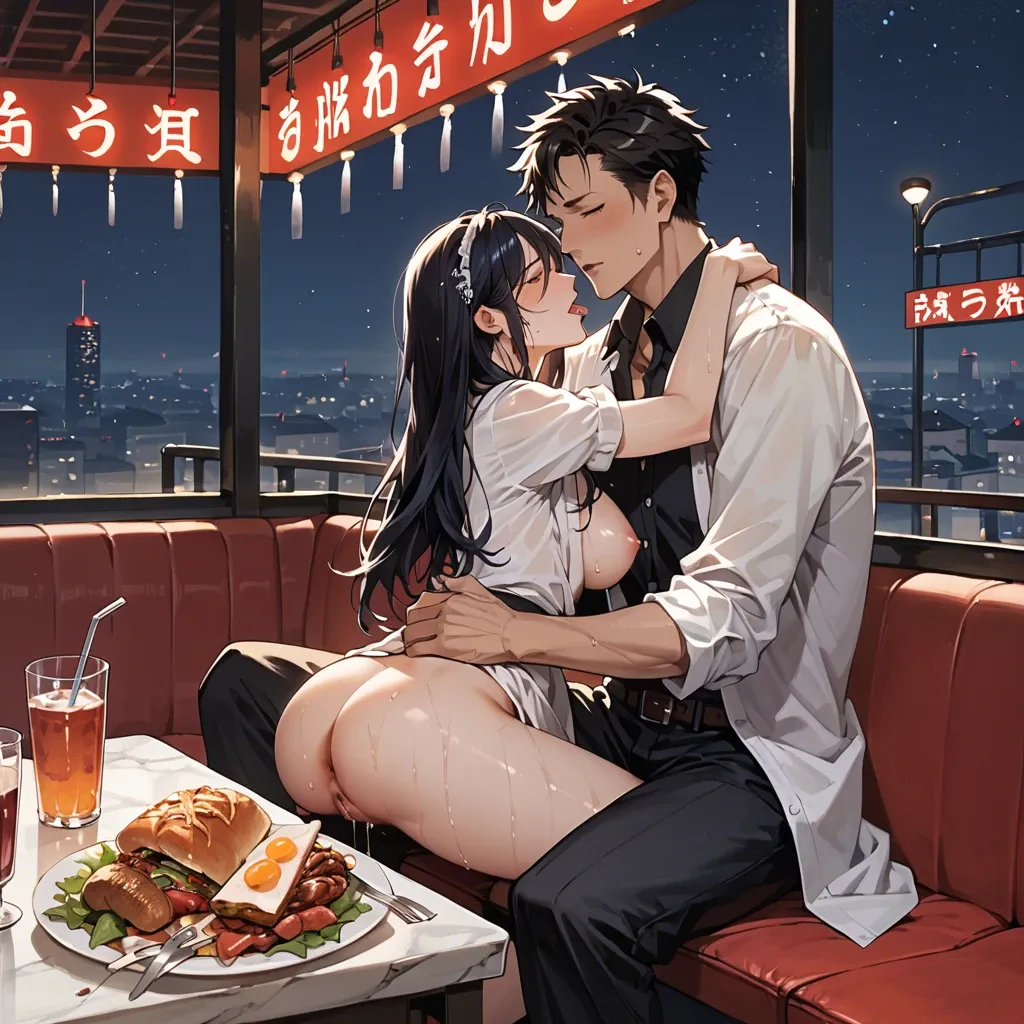 1boy, 1girl, Anime, restaurant, dinner, wet pussy, night, hugging