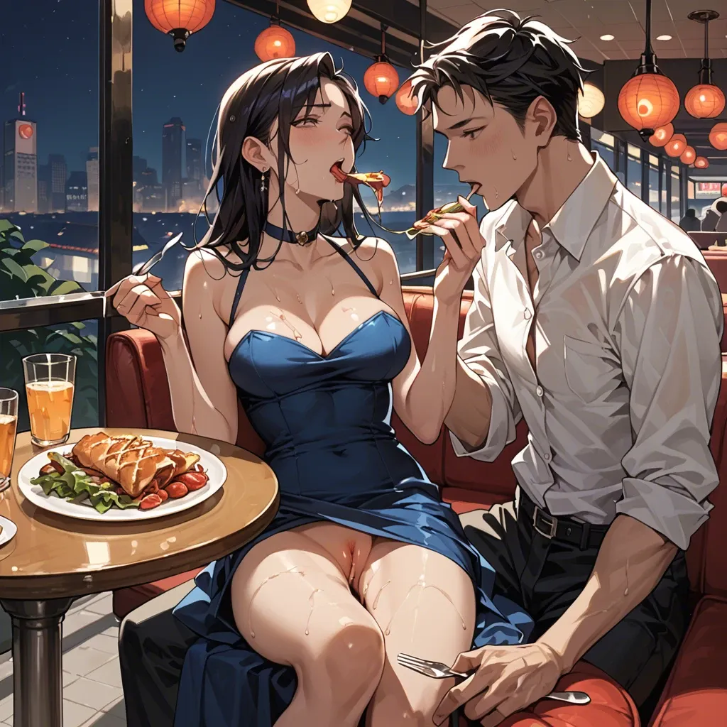 1boy, 1girl, Anime, restaurant, dinner, wet pussy, half dresses, eating, night.