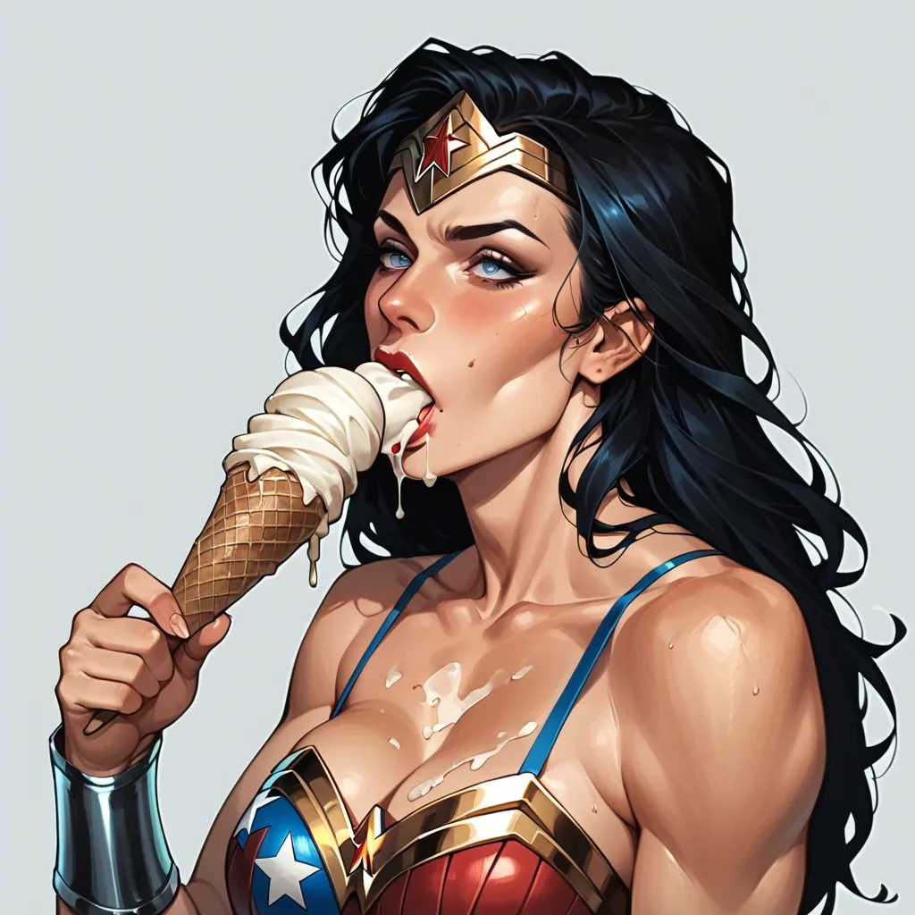 wonder woman eating ice cream, no mess, vibrant color grading