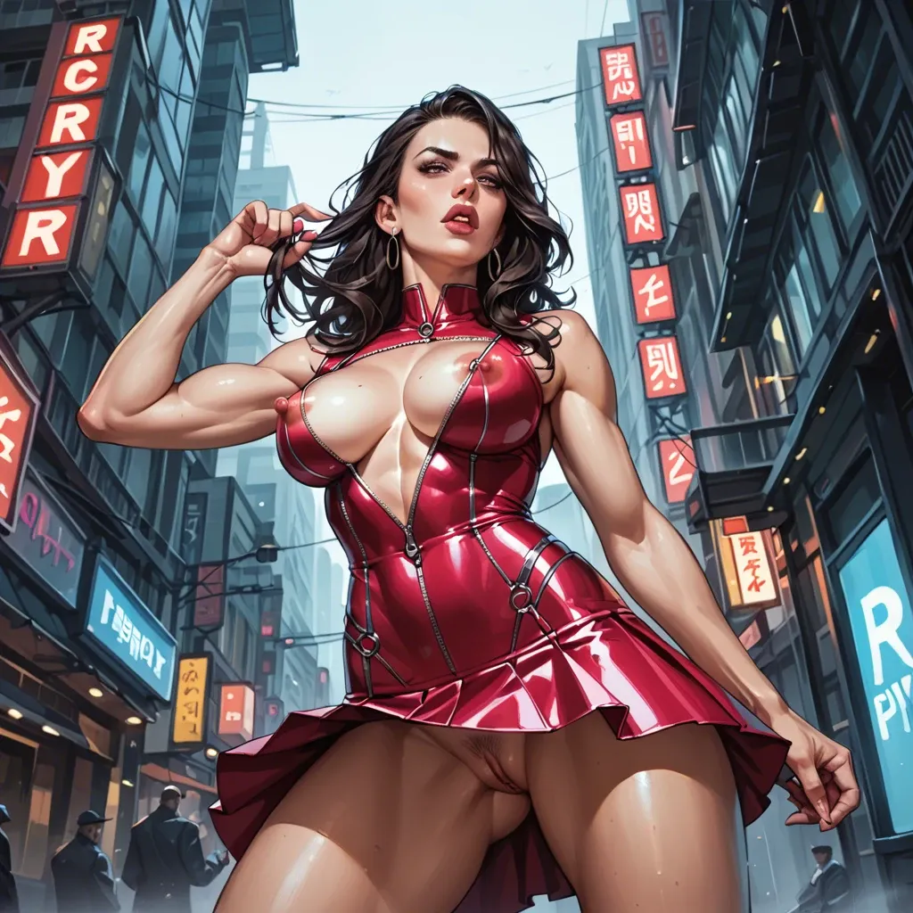 cupless suit, neon nightcity, athletic body, very deep cleavage, tits out, nipples out, big perky round tits, pushup tits, side view from below, upskirt, seductive face, large burgundy closed lips, heavy upper lips, hair braid, vulgarity