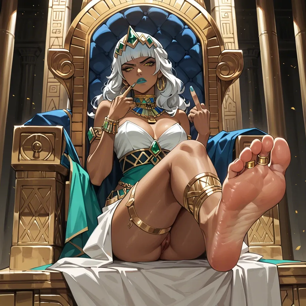 Qiyana, Egyptian, anime art style, disgust, feet focus, dominant, stepping on, pussy, foot fetish, lipstick, gold anklets, jewellery, thin waist, sitting on throne, eyeliner, middle finger, one foot up, detailed soles, painted toenails, athletic, long legs, thick thighs, nude, sweaty, navel piercing,