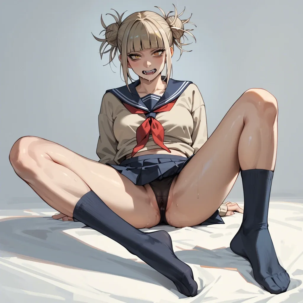 Himiko toga, bulge in cloths, sitting, legs spread, foot, dark blue socks