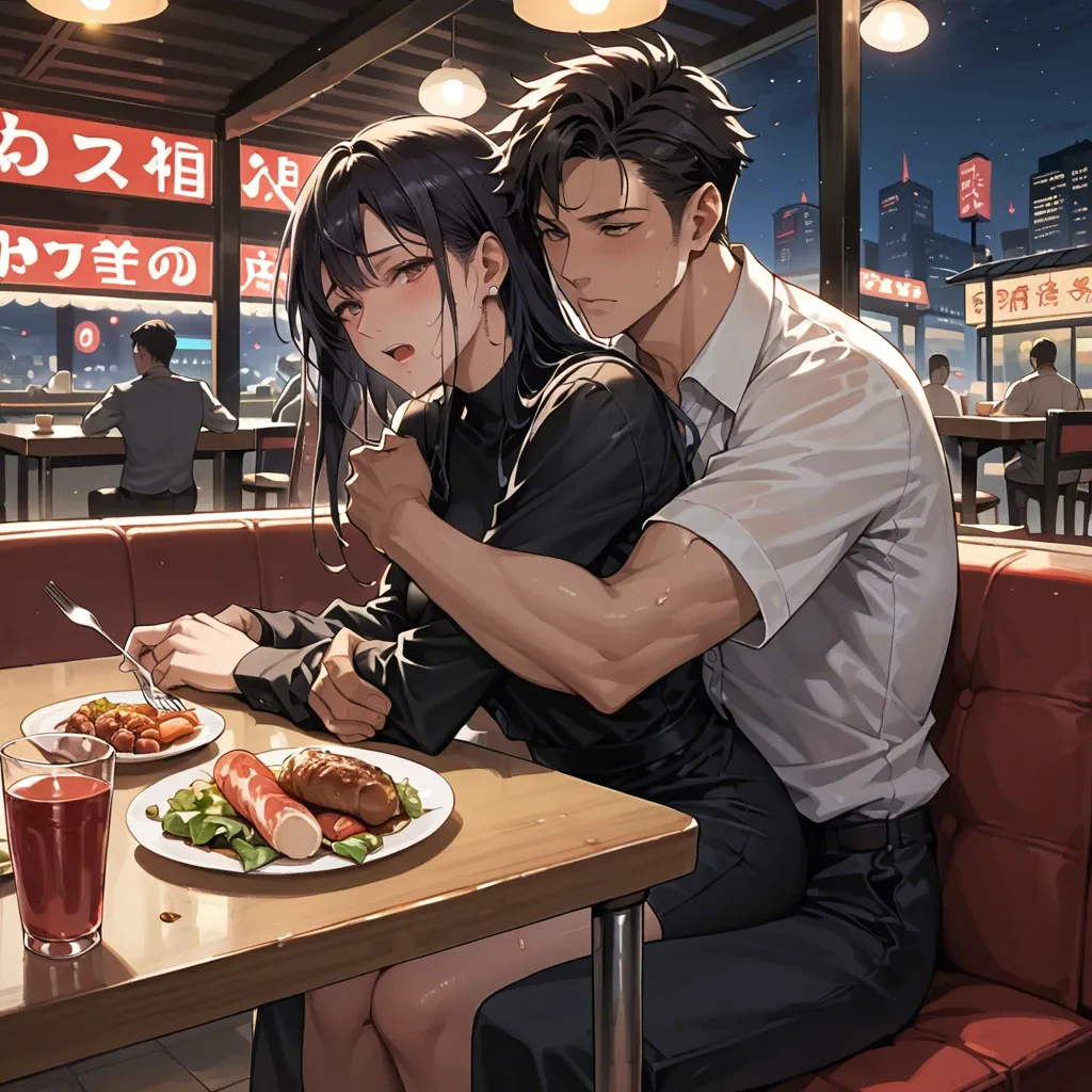 1boy, 1girl, Anime, restaurant, dinner, wet pussy, night, hugging