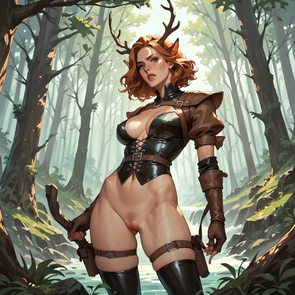 Leather clothes, huntress, forest, bow