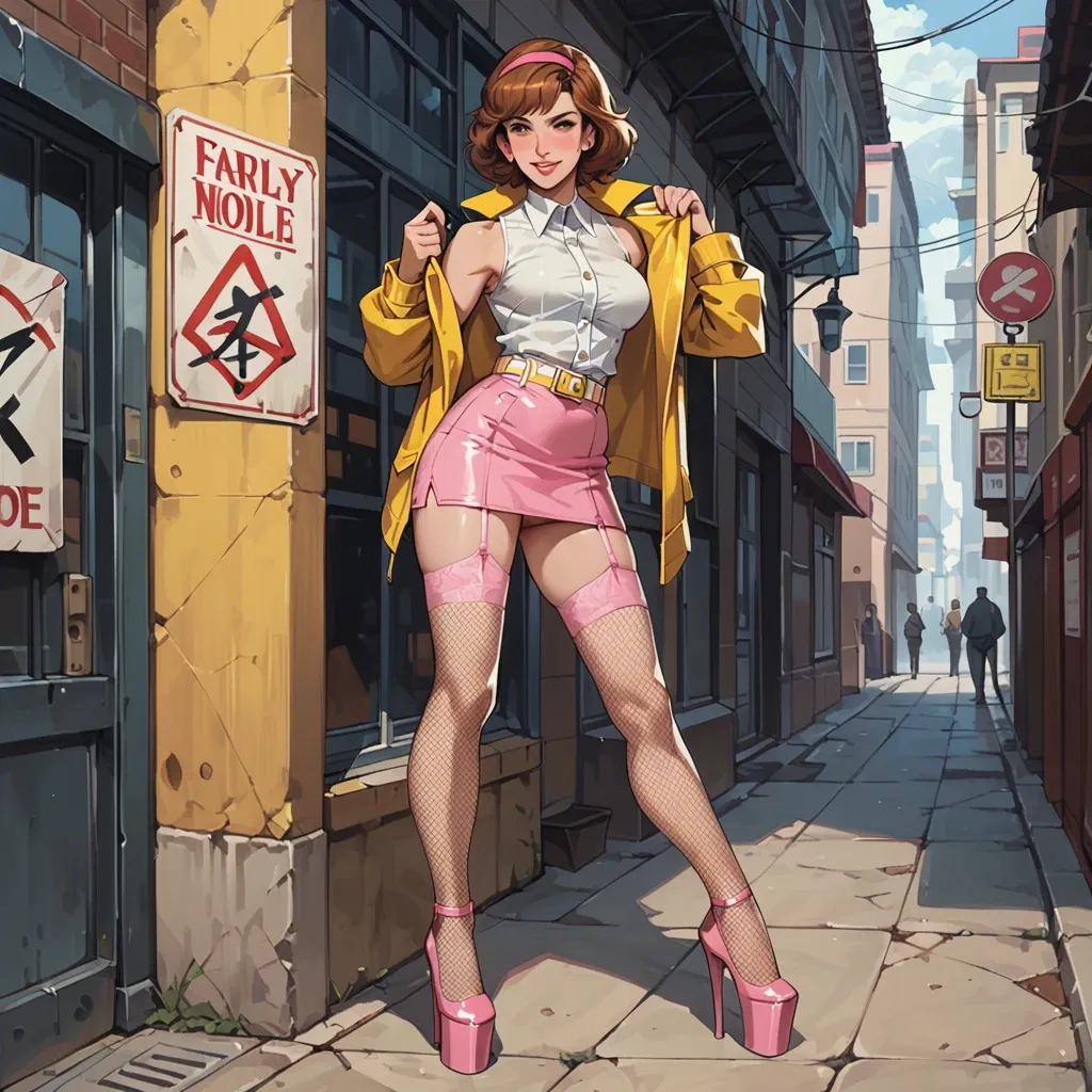 April O'Neil, classic, anime, smiling, pink lips, sleeveless yellow jacket, white button blouse, yellow tight micro skirt, white belt, pink garter belt, black fishnet socks, white platform high heels, at the entrance of a hotel, Sign on the wall that says "April O'Neil sexual services"