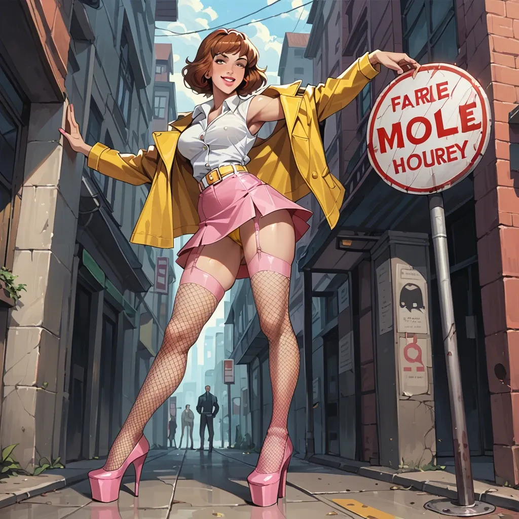 April O'Neil, classic, anime, smiling, pink lips, sleeveless yellow jacket, white button blouse, yellow tight micro skirt, white belt, pink garter belt, black fishnet socks, white platform high heels, at the entrance of a hotel, Sign on the wall that says "April O'Neil sexual services"