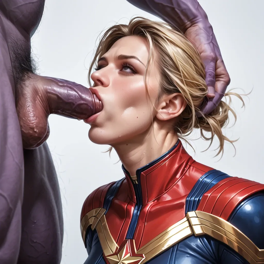 Hooker Captain Marvel, Kneeling and sucks Thanos's Dick, Forcibly Throat fucking, Top shot, Portrait, Eye Contact, Dick Slave, Real.