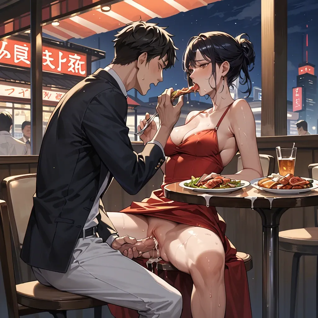 1boy, 1girl, Anime, restaurant, dinner, wet pussy, half dresses, sex, eating, night.