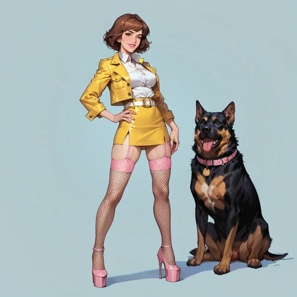 April O'Neil, anime, smiling, pink lips, sleeveless yellow jacket, white button blouse, yellow tight micro skirt, white belt, pink garter belt, black fishnet socks, white platform high heels, at the entrance of a hotel, with a dog,