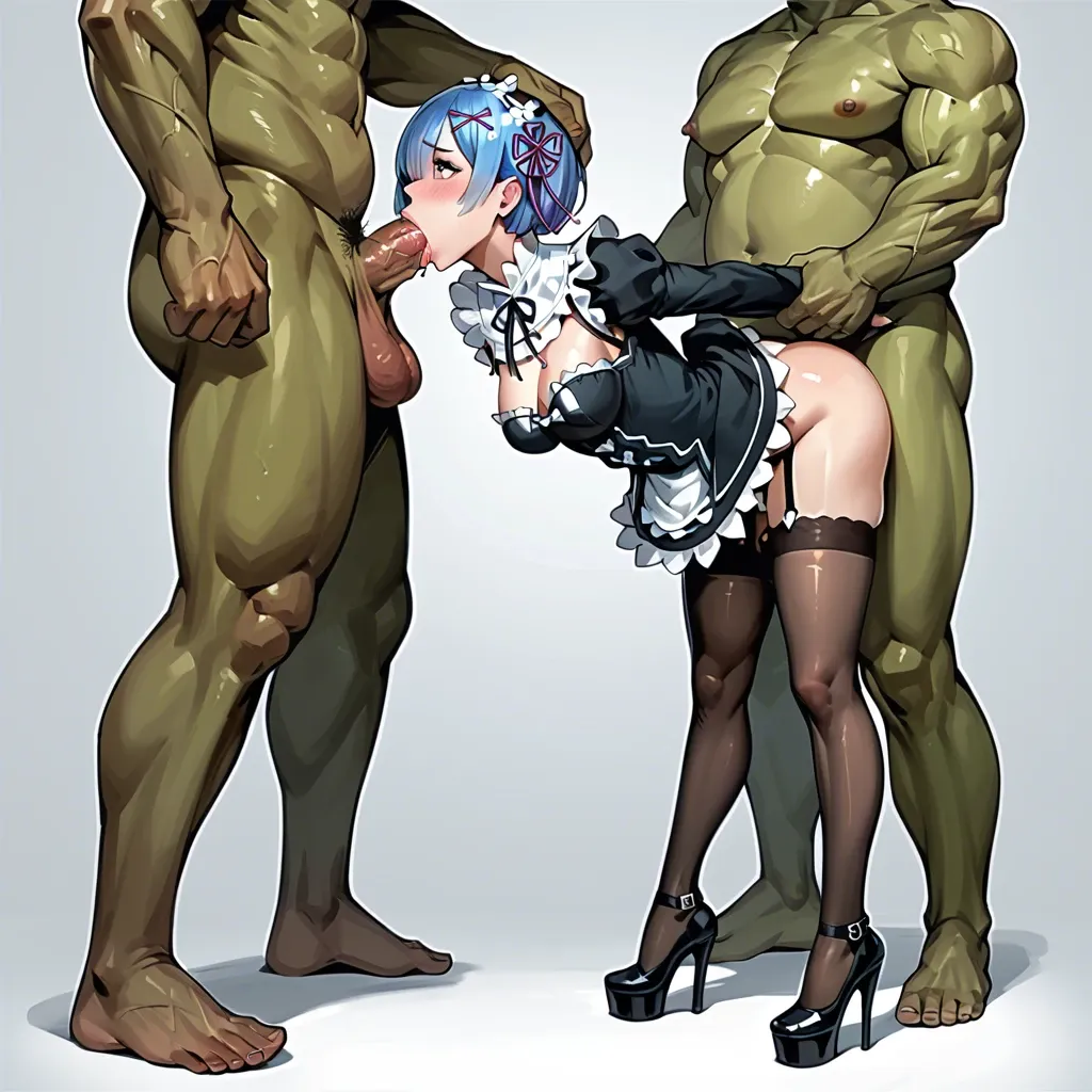 Rem from Re:Zero, platform heels, stockings, standing, bent forward, arms held behind back, dress lifted, giant orc spitroast, giant cock in mouth, deepthroat blowjob, giant cock in pussy, deep vaginal penetration