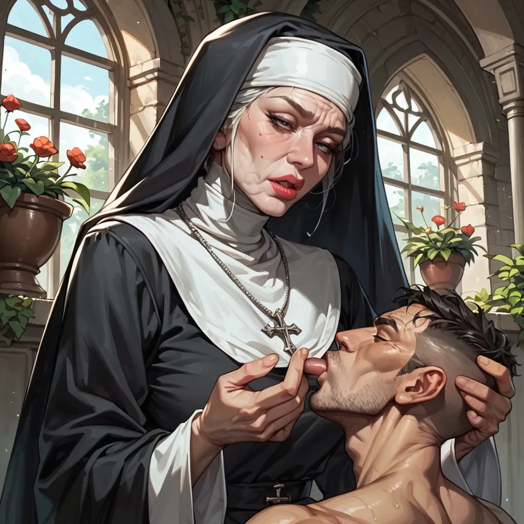 old nun with plush lips and huge tits and expression wrinkles sucking dick of a young skinny boy in the garden