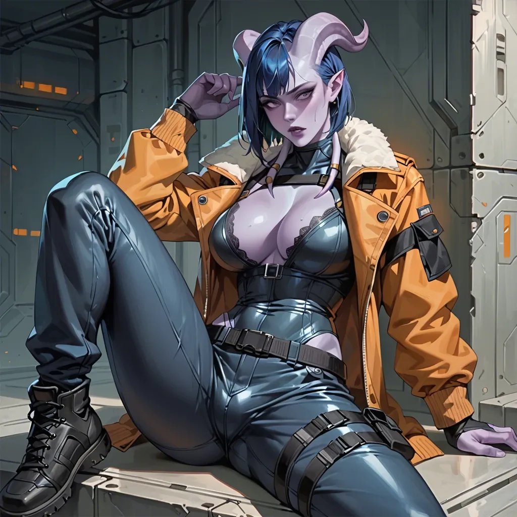 Fully clothed body - She wears futuristic clothes, jumpsuit, futuristic pilot outfit, bomber jacket, cargo pants, belts, black bodysuit under clothing, cargo pants futuristic draenei girl with purple skin, black-blue hair and horns, skinny, big breasts. sitting in spaceship pilot's chair. armed. Fully clothed torso, fully clothed chest