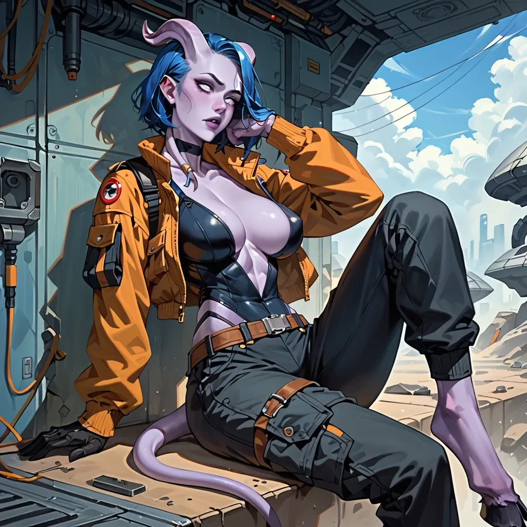 Fully clothed body - She wears futuristic clothes, jumpsuit, futuristic pilot outfit, bomber jacket, cargo pants, belts, black bodysuit under clothing, cargo pants futuristic draenei girl with purple skin, black-blue hair and horns, skinny, big breasts. sitting in spaceship pilot's chair. armed. Fully clothed torso, fully clothed chest