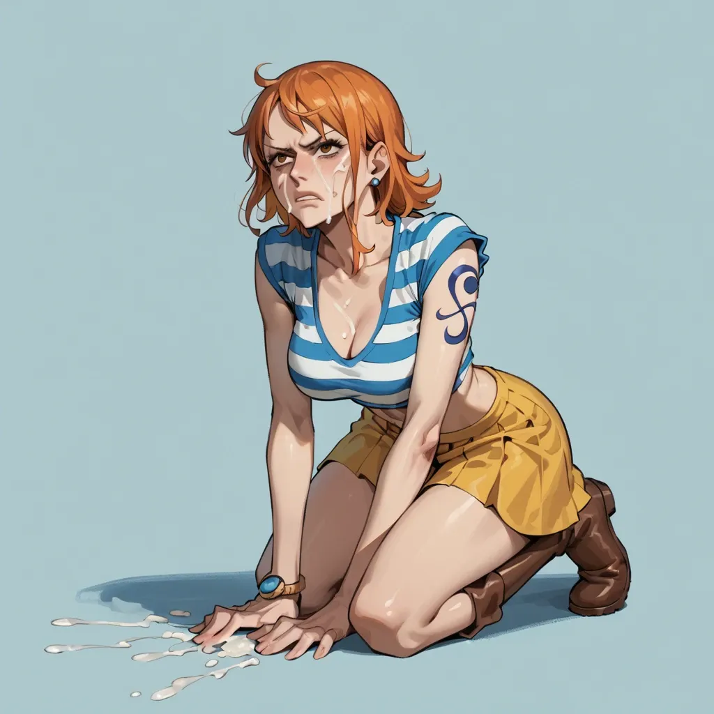 Nami one piece, pre timeskip, bob hair, blue white striped cropped shirt, yellow skirt, brown boots, on knees, very close face view, cum on face, disgust expression