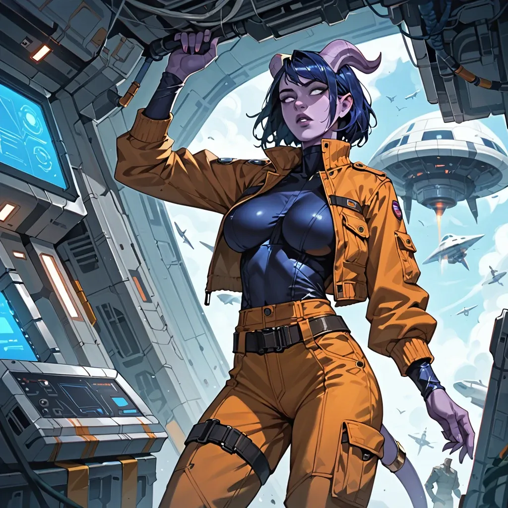 Girl's body is fully clothed - She wears futuristic clothes, jumpsuit, futuristic pilot outfit, bomber jacket, cargo pants, belts, army undershirt futuristic draenei girl with purple skin, black-blue hair and horns, skinny, big breasts. Spaceship setting, sitting in spaceship chair. armed