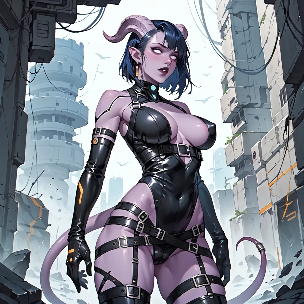 futuristic draenei girl with purple skin, black-blue hair and horns, skinny, big tits. futuristic clothes, belts, fully-clothed