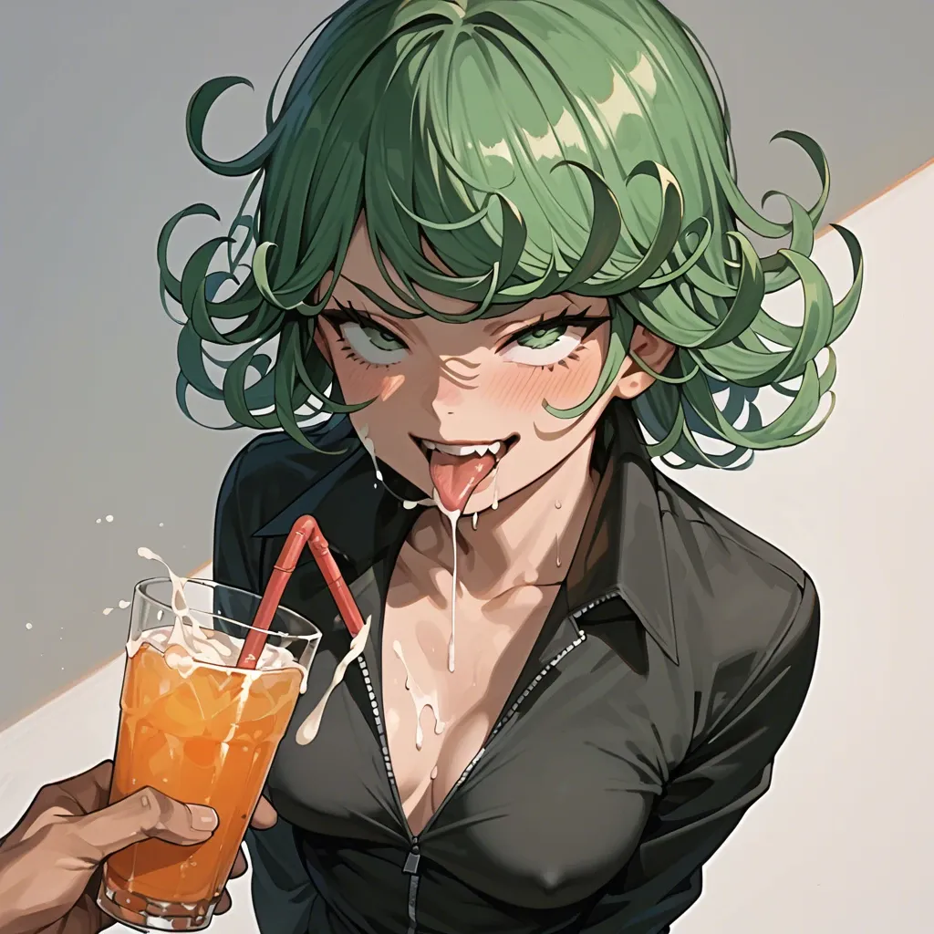 tatsumaki, drinks cum, ahegao with smile