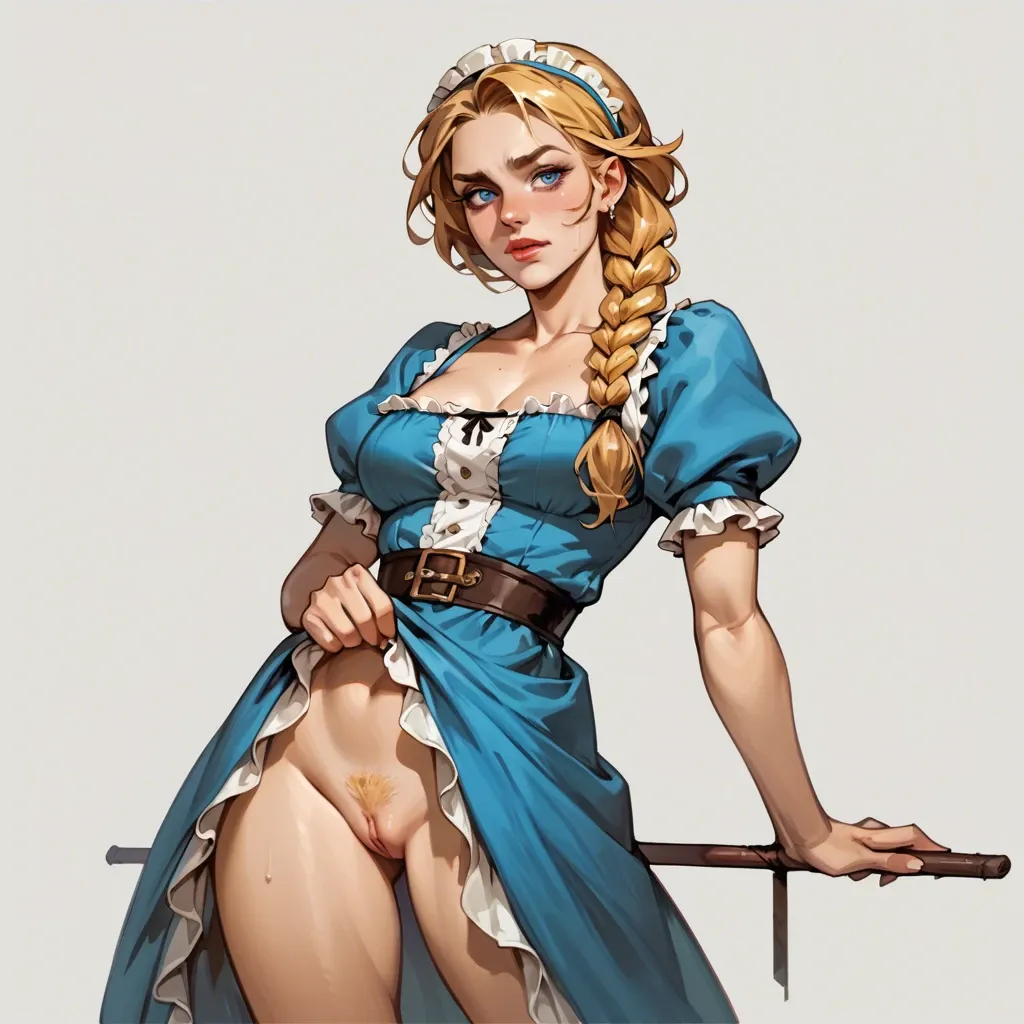 A girl with golden-blonde hair braided elegantly, bright blue eyes, and rosy cheeks, she embodies the charm of traditional German beauty. She's wearing a dirndl, she's sliding up her dress to show her pussy, she's standing, she's at a bakery, she's extremely beautiful