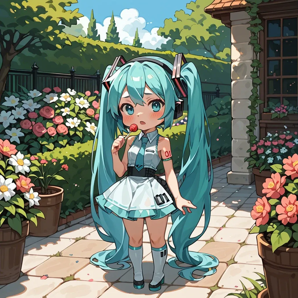 Hatsune Miku, chibi, petite, fully dressed, candy expression, standing, garden with flowers