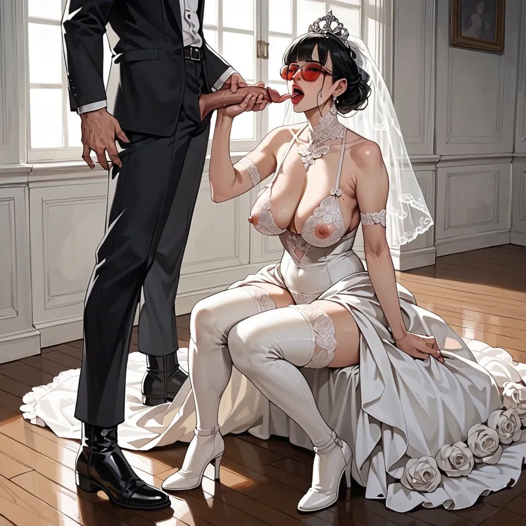 1girl,1boy, , , , nose,licking feet,saggy breasts,narrow hips,elbows, wedding dress,white lace,red sunglasses,floral bikini,knee boots, silk gown,white socks,crown,cotton panties,gothic boots, sparkles, cyberpunk, phone screen, princess peach, spider-gwen