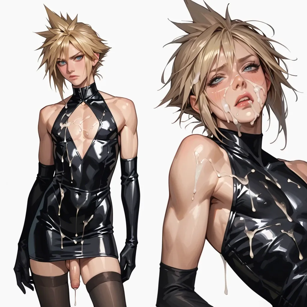 cloud strife, femboy, hairy, foreskin,  skinny, black silk dress, black silk gloves, black stockings,  multiple views, panels, multiple angles,bukkake, cumshot, cum on face