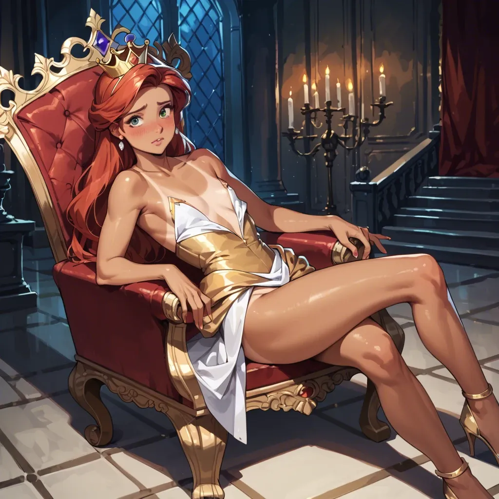 Comics,Night,royal throne room,Ariel, tan lines,flat chest young cute,crown,golden gown,blushing