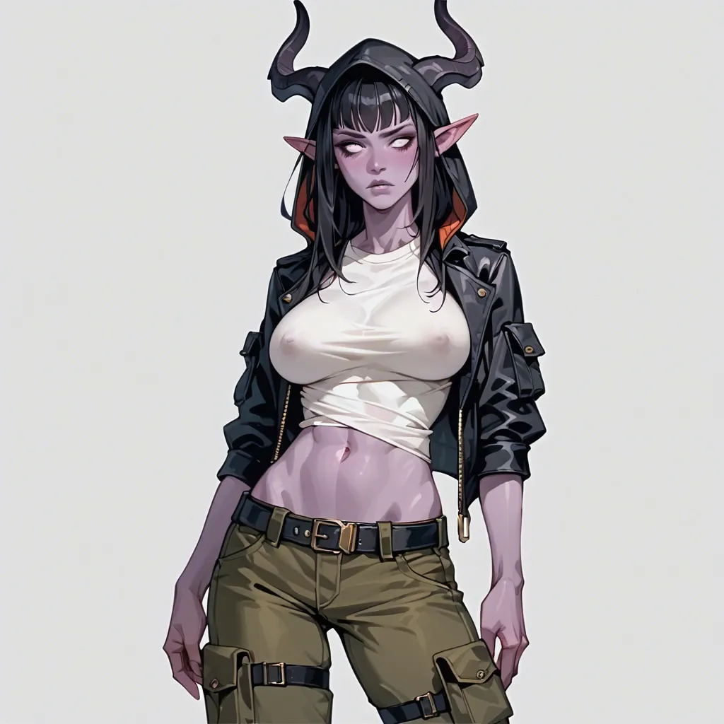 young futuristic tiefling with purple skin, black hair and black horns, skinny body with big breasts. undershirt, cargo pants with belt, jacket with hood