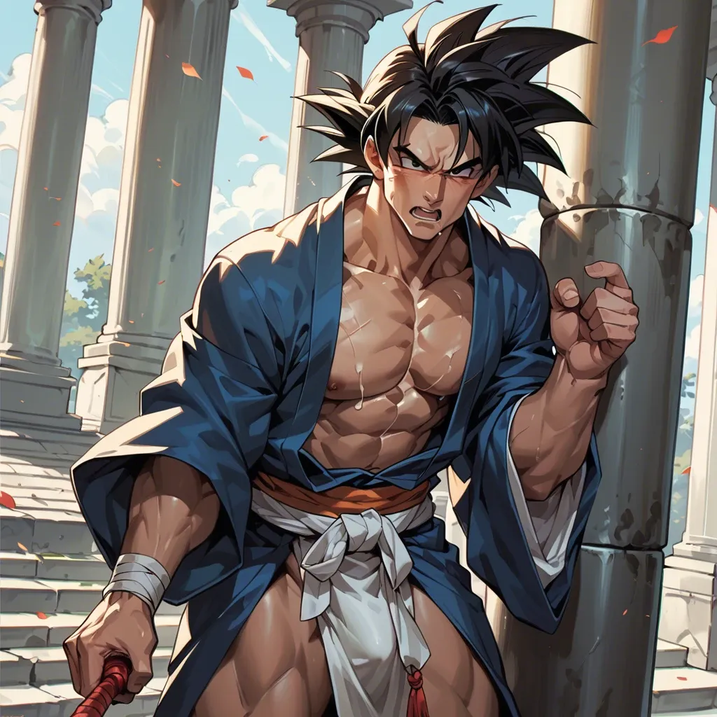 male goku tied to a column with a kimono