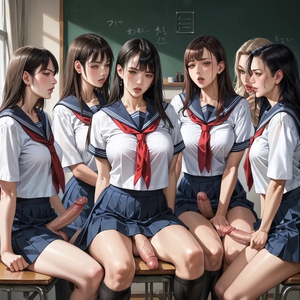 Realistic manga style,Detailed,6+girls with large futanari penis,japanese school uniform,nightmare