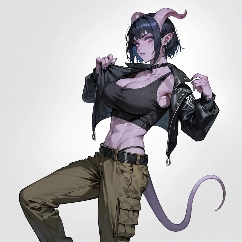 young gothic (but still cute) tiefling girl with purple skin and black-blue hair,  sport black undershirt, cargo pants with belt, choker, jacket, skinny body with big breasts, she knows martial arts, side view, watching at viewer