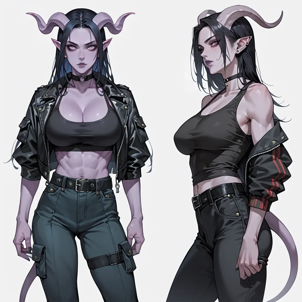 young gothic (but still cute) tiefling girl with purple skin and black-blue hair,  sport black shirt, cargo pants with belt, choker, jacket, perfect skinny body with big breasts, she knows martial arts, side view, watching at viewer