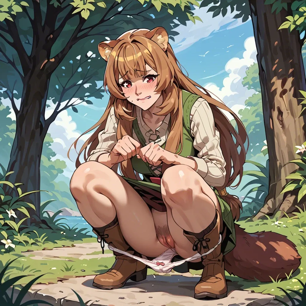 raphtalia, clothed, outside, pussy flash, pants pulled down, panties to the side, pubic hair, cute panties, embarrassed,, lip biting, squatting