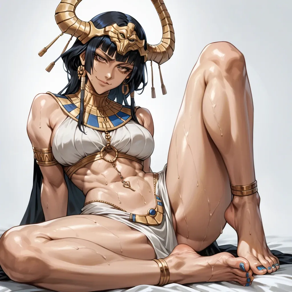 Rangiku, bleach, soft smile, gentle smile, seductive eyes, head tilt, Egyptian, anime art style, long legs, thick thighs, sweaty, smirking, navel piercing, athletic, thin waist, foot focus, painted toenails, feet, nude, standing, high heels, knee up, foot fetish, anklet, jewellery,