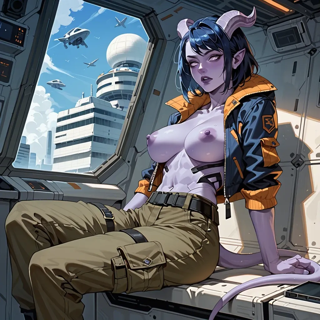 Girl's body is fully clothed - She wears futuristic clothes, jumpsuit, futuristic pilot outfit, bomber jacket, cargo pants, belts, army undershirt futuristic draenei girl with purple skin, black-blue hair and horns, skinny, big breasts. sitting in spaceship pilot's chair. armed