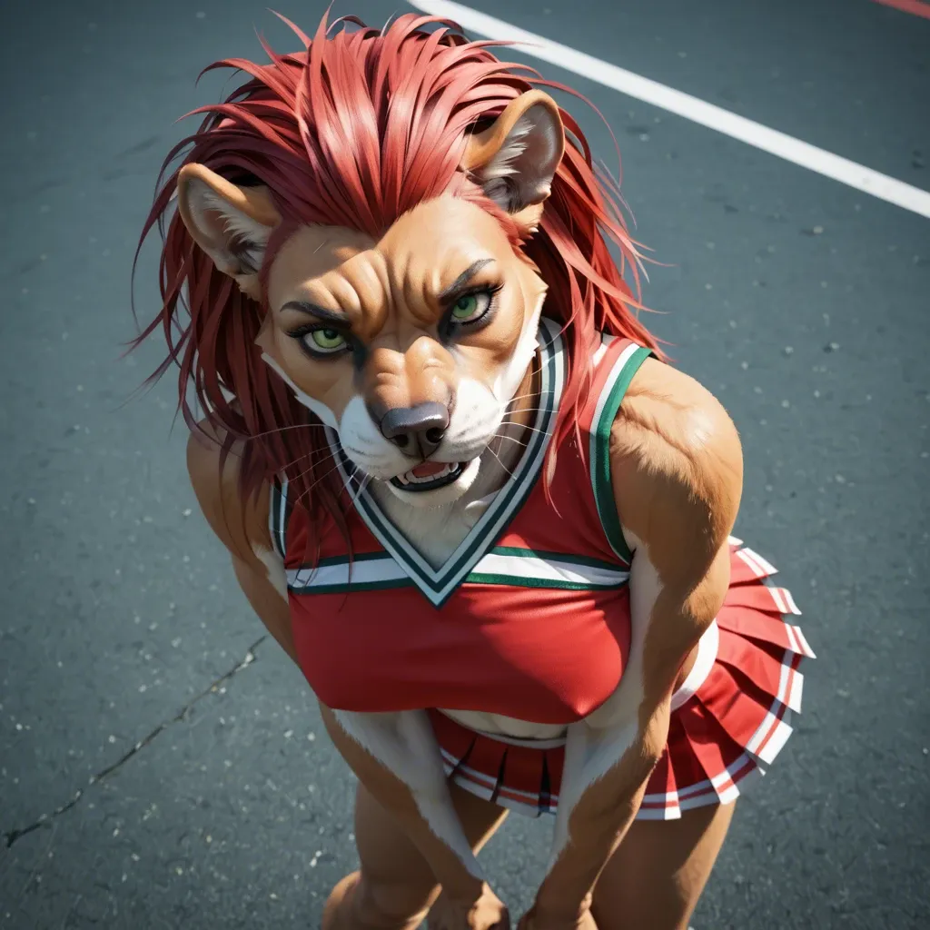 Furry Anthro bulldog, humanoide, Teen young Female, petite torso, skinny toothpick legs, Realistic 3d artstyle, long straight red hair,  green eyes, face closeup, viewer pov, top angle view, wearing chicago bulls cheerleader outfit, standing, skimpy