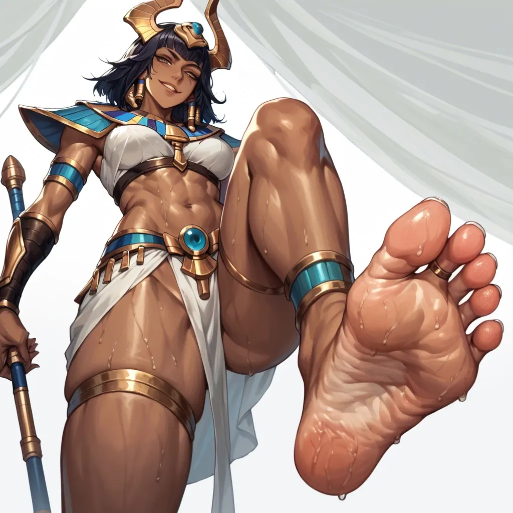 Nilah dark skin league of legends, one leg raised foot fetish foot focus standing view from below detailed soles, soft smile, gentle smile, seductive eyes, head tilt, Egyptian, anime art style, long legs, thick thighs, sweaty, smirking, navel piercing, athletic, thin waist, foot focus, painted toenails, feet, nude, standing, high heels, knee up, foot fetish, anklet, jewellery,