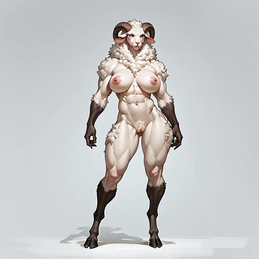 Furry, girl, anthropomorphic sheep, tall , broad shoulders, abs, big breasts, white fur, hooves