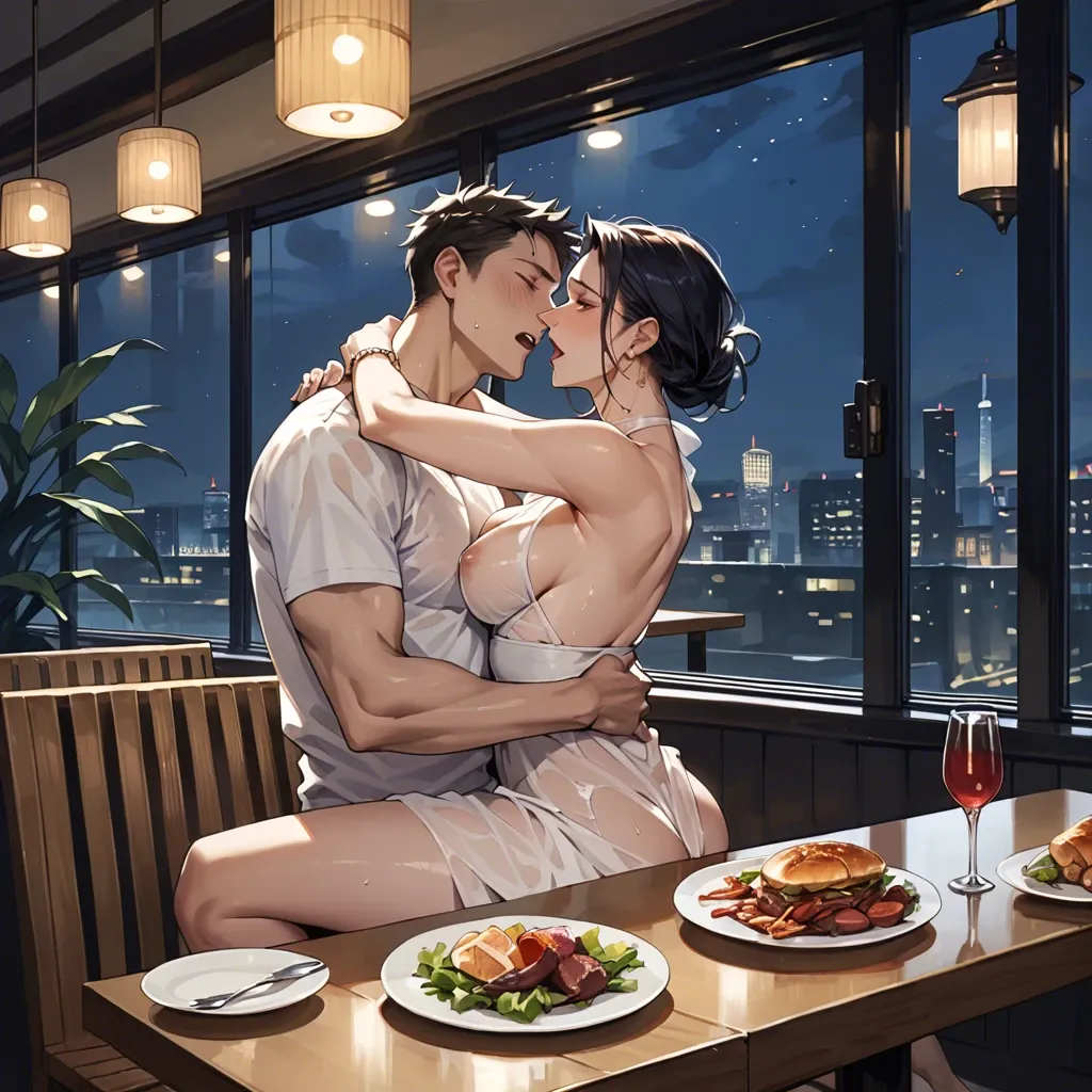 1boy, 1girl, sex, dinner, night, restaurant, hugging, see through