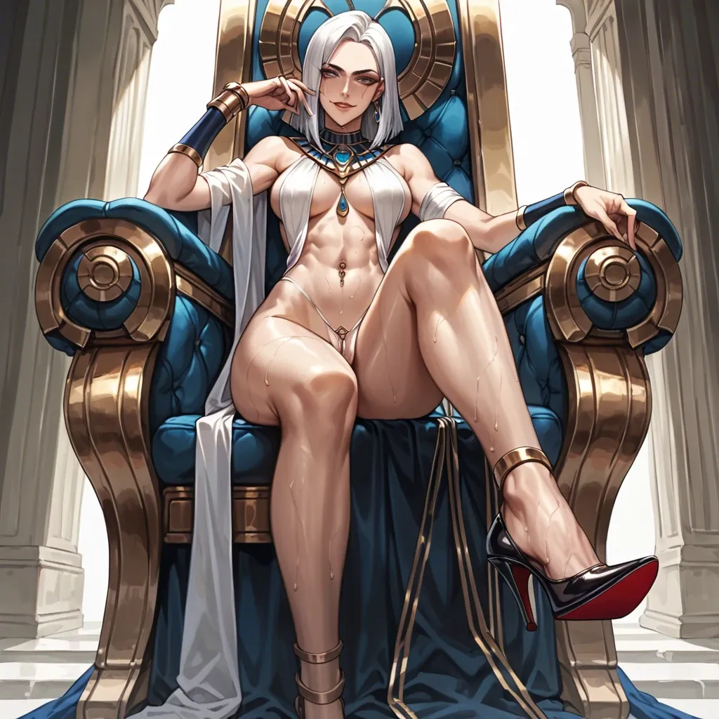 Ashe league of legends, soft smile,throne,  gentle smile, high heels, seductive eyes, head tilt, Egyptian, anime art style, long legs, thick thighs, sweaty, smirking, navel piercing, athletic, thin waist, foot focus, painted toenails, feet, nude, standing, high heels, knee up, foot fetish, anklet, jewellery,