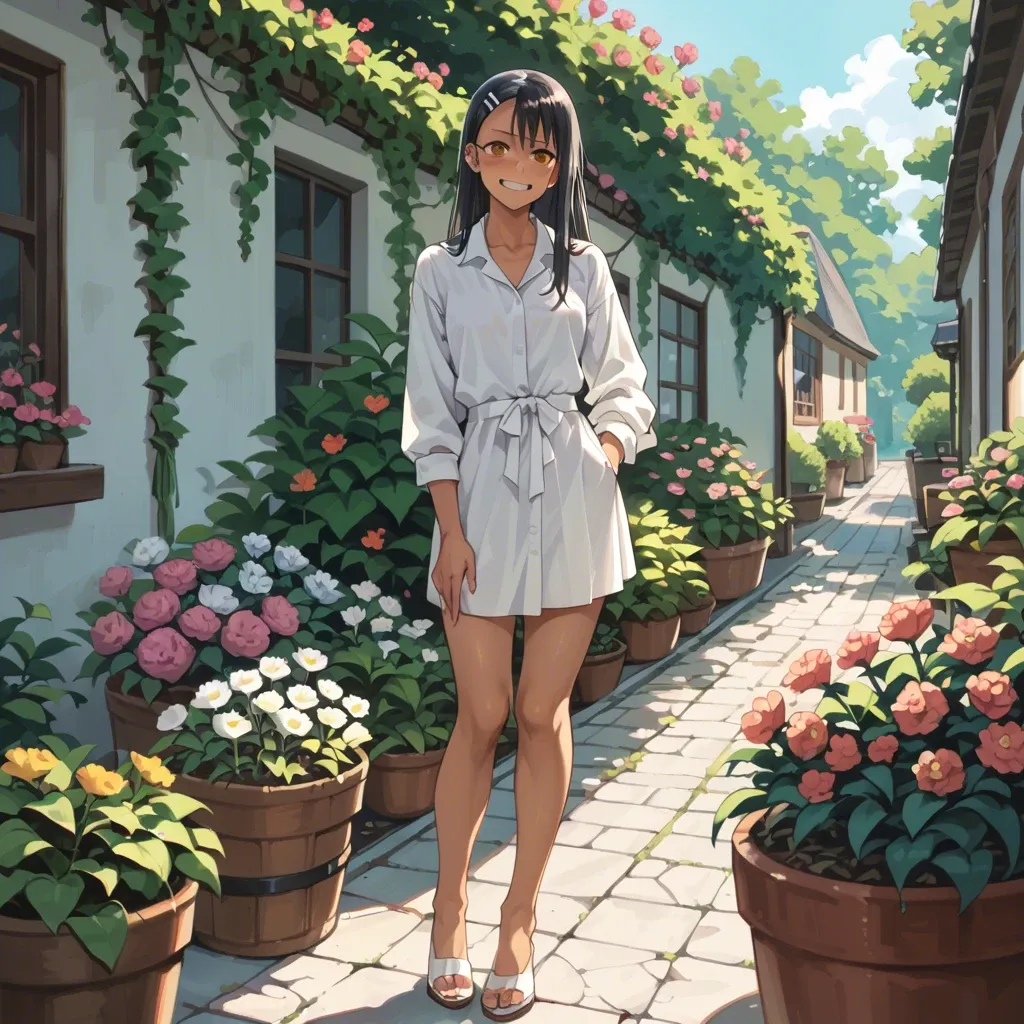 Hayase Nagatoro, chibi, petite, fully dressed, candy expression, standing, garden with flowers