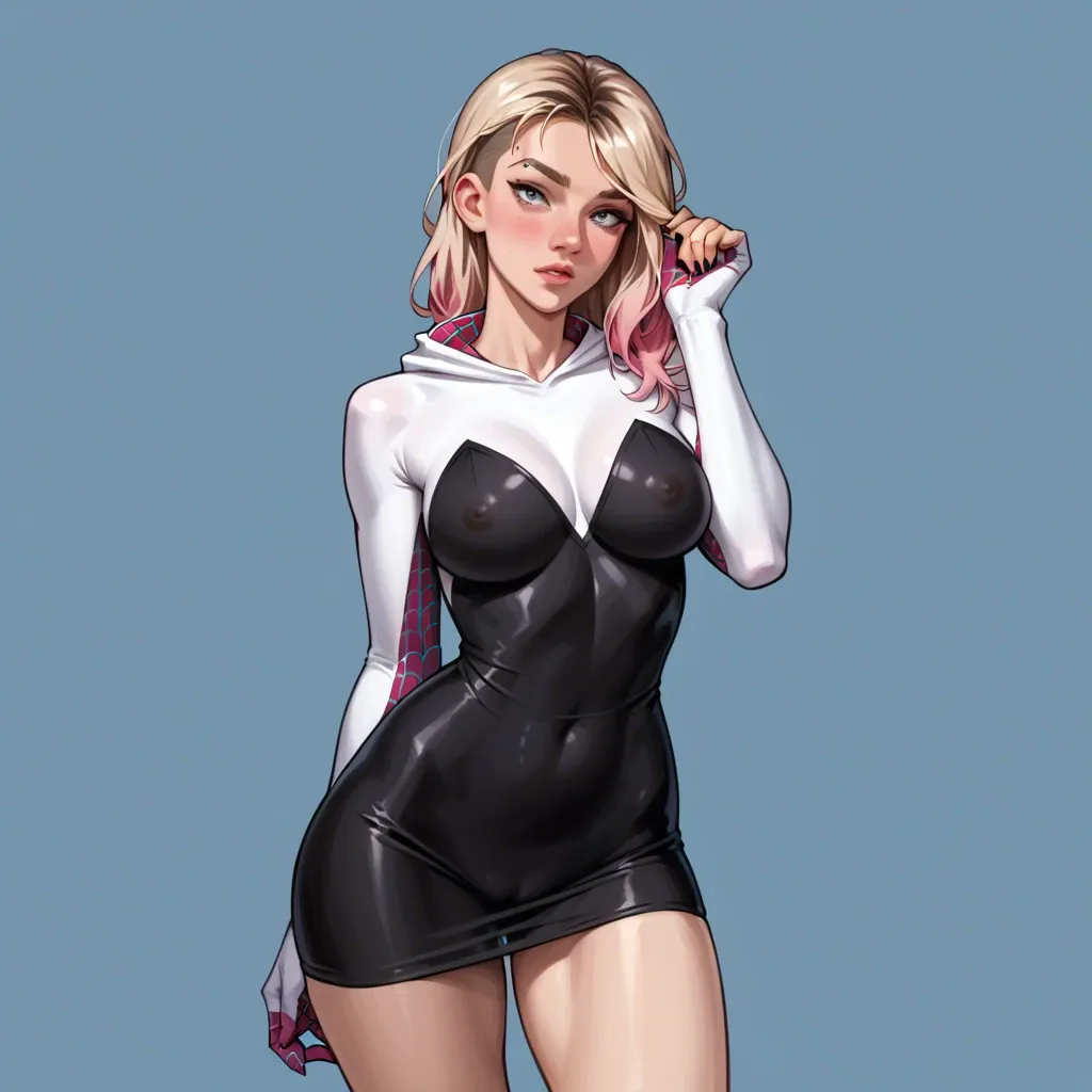 transparent pink white black spider dress spider Gwen long hair hourglass figure extremely slim thin body sensual curvy silhouette round big wide ass, wide round hips, narrow waist, full big breasts