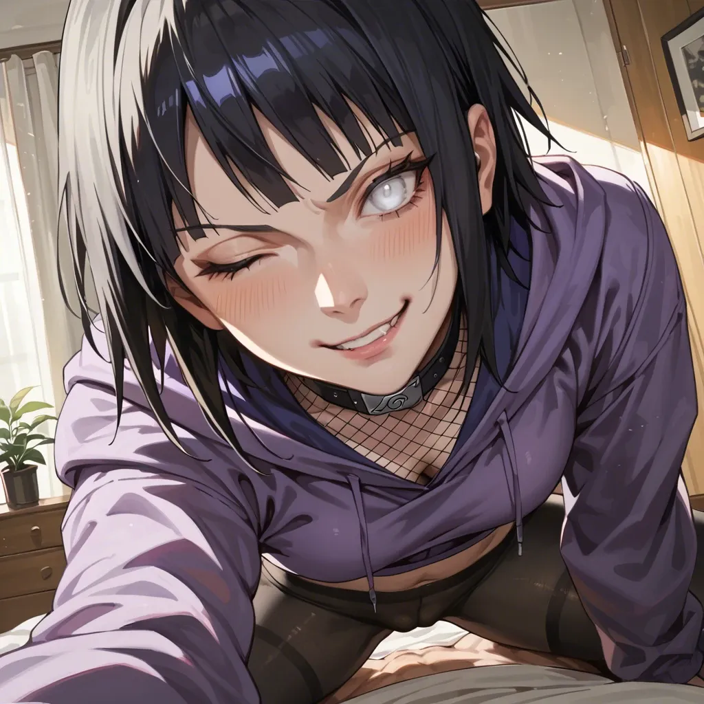 Hinata Hyuga (Naruto), hidden leaf heandband on neck, white eyes, black leggings, purple hoodie, straight long black hair, wink, smirk, seductive eyes, bedroom, fishnet top, cowgirl, close-up